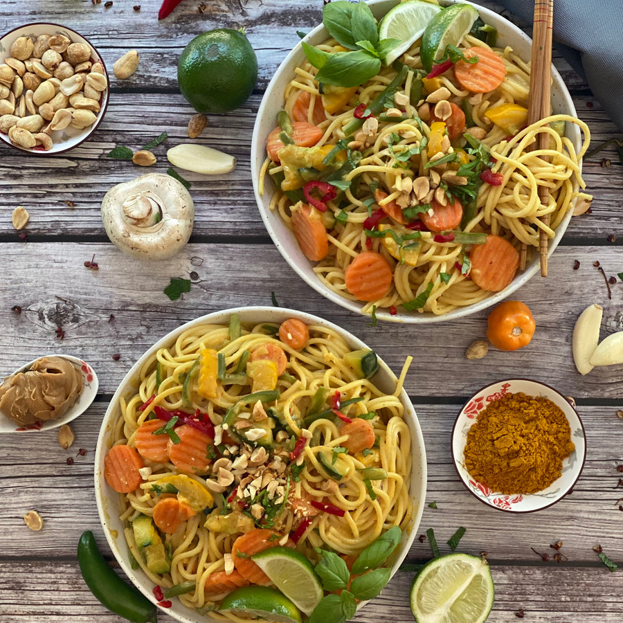 Szechwan  Peanut Noodles with Tempeh Sausage